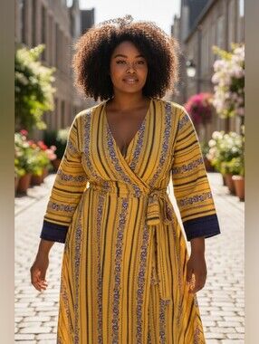 Kori America Yellow Midi Faux Wrap Dress with Blue Flower Print Size Medium
